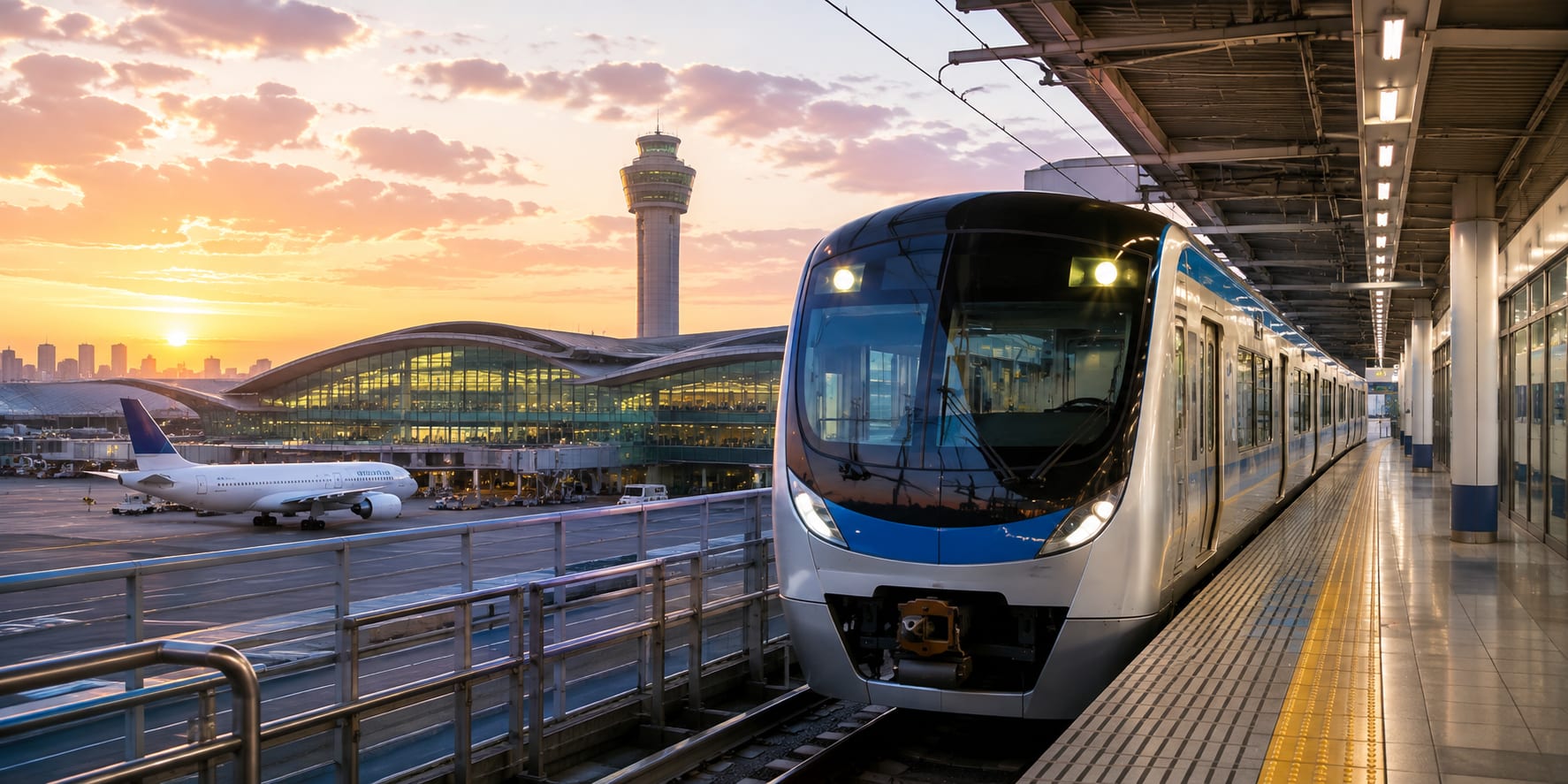 Airport train arriving at a platform with the Tokyo skyline in the background, the route from Haneda Airport to Tokyo